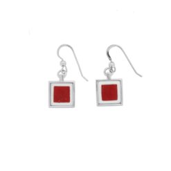 boucles d'oreilles argent crochet carre corail rouge méditerranée et coquillage blanc