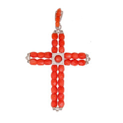 Pendentif croix corail rouge et argent