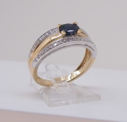 Bague triple anneau or blanc et jaune 18k saphir ovale et diamants