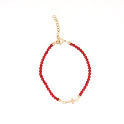 Bracelet perles corail 2mm et croix or jaune