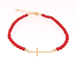 Bracelet de perles de corail et grande croix d'or jaune 18k