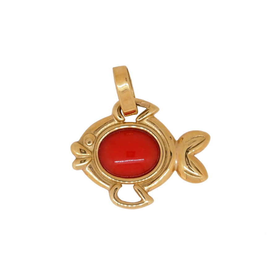 Pendentif poisson, corail rouge et or