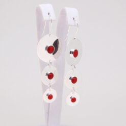 boucles d'oreilles pendante disque argent cabochon rond corail rouge mediterranée