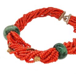 Collier corail rouge de méditerranée sciacca donuts jade fermoir et intercalaires argent doré