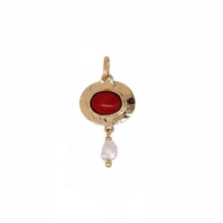 Pendentif ovale or jaune 18k martelé avec cabochon corail rouge de méditerranée corse et perle baroquée eau douce