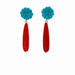 Boucles d'oreilles or jaube 18k goutte corail rouge de méditerranée et fleurs turquoise