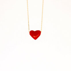 Tour de cou or jaune 18k 42cm coeur bombe corail rouge