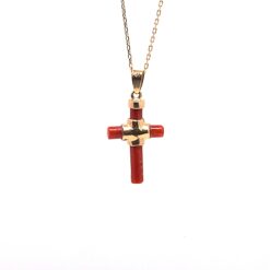 pendentif croix or jaune 18k et corail rouge med